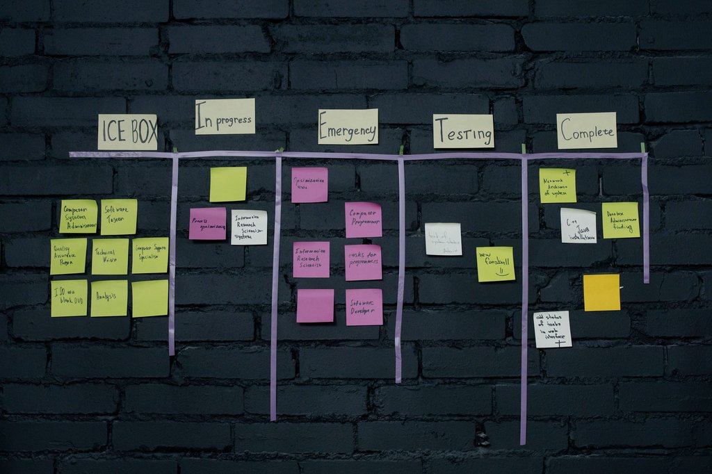 An overhead view of a sticky note board tracking work as it moves between stages.